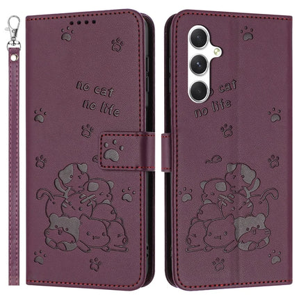 For Samsung Galaxy A05s 4G Case with Strap Cats Imprint Leather Wallet Phone Cover - Wine Red