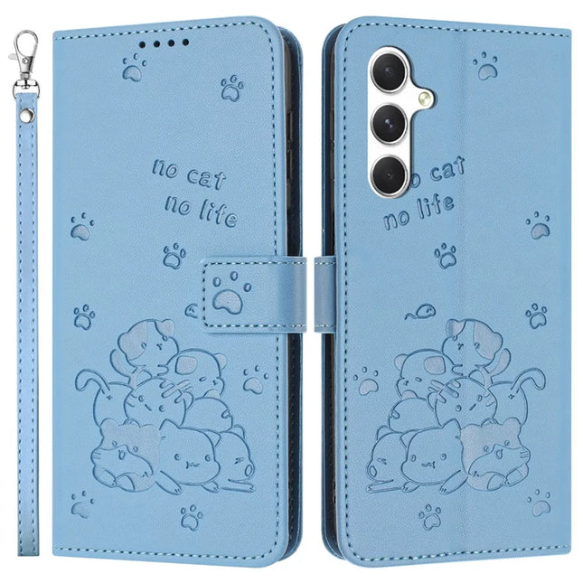 For Samsung Galaxy A54 5G Case with Strap Cats Imprint Leather Wallet Phone Cover - Blue