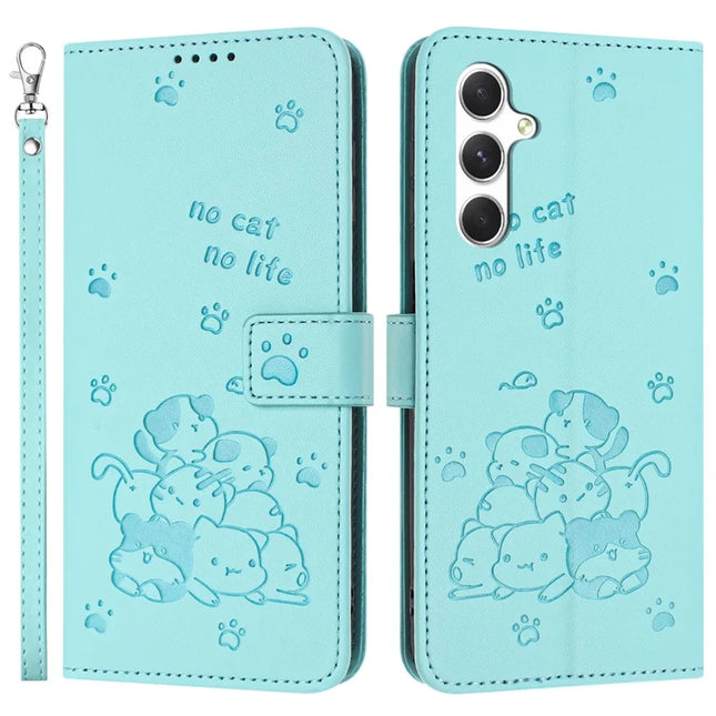 For Samsung Galaxy A15 4G / 5G Case with Strap Cats Imprint Leather Wallet Phone Cover - Green