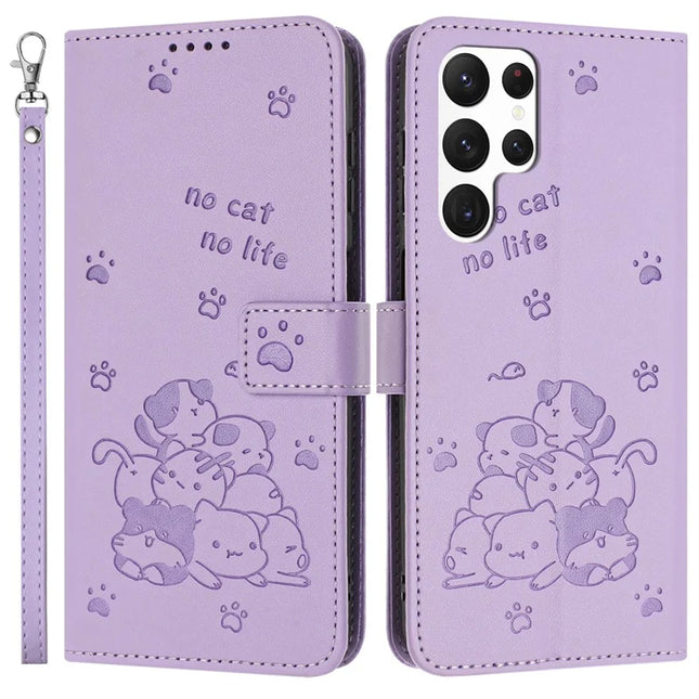 For Samsung Galaxy S23 Ultra Case with Strap Cats Imprint Leather Wallet Phone Cover - Purple