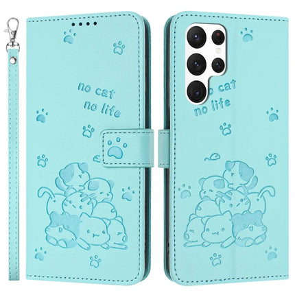 For Samsung Galaxy S23 Ultra Case with Strap Cats Imprint Leather Wallet Phone Cover - Green