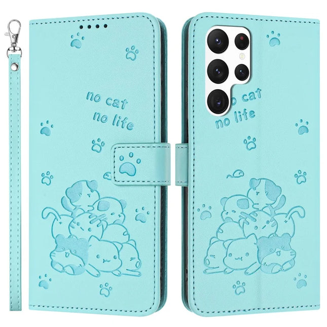 For Samsung Galaxy S23 Ultra Case with Strap Cats Imprint Leather Wallet Phone Cover - Green