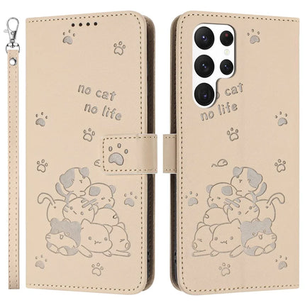 For Samsung Galaxy S23 Ultra Case with Strap Cats Imprint Leather Wallet Phone Cover - Beige
