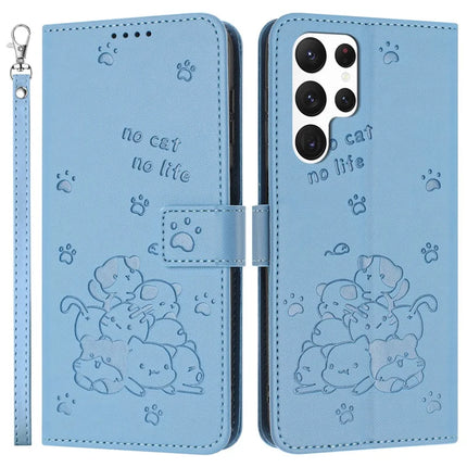 For Samsung Galaxy S23 Ultra Case with Strap Cats Imprint Leather Wallet Phone Cover - Blue