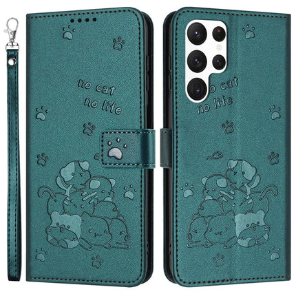 For Samsung Galaxy S23 Ultra Case with Strap Cats Imprint Leather Wallet Phone Cover - Blackish Green