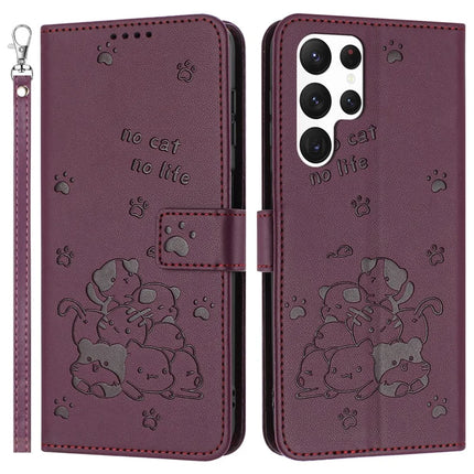 For Samsung Galaxy S23 Ultra Case with Strap Cats Imprint Leather Wallet Phone Cover - Wine Red