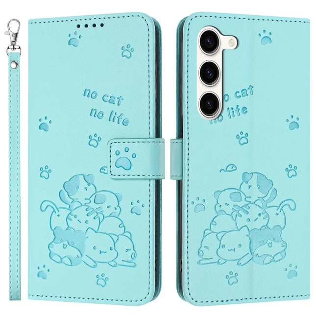 For Samsung Galaxy S23 Case with Strap Cats Imprint Leather Wallet Phone Cover - Green