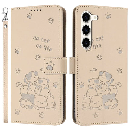 For Samsung Galaxy S23 Case with Strap Cats Imprint Leather Wallet Phone Cover - Beige