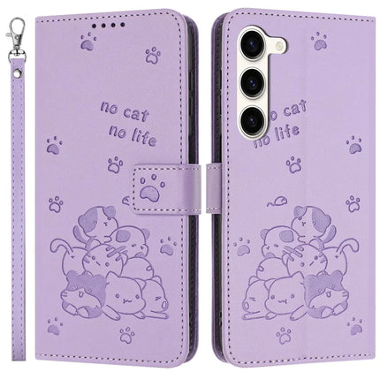 For Samsung Galaxy S23 Case with Strap Cats Imprint Leather Wallet Phone Cover - Purple