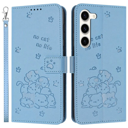 For Samsung Galaxy S23 Case with Strap Cats Imprint Leather Wallet Phone Cover - Blue