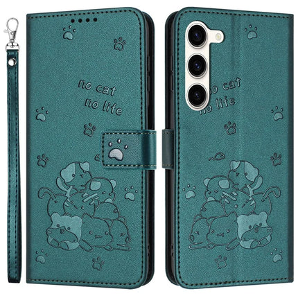 For Samsung Galaxy S23 Case with Strap Cats Imprint Leather Wallet Phone Cover - Blackish Green
