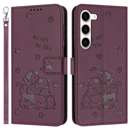 For Samsung Galaxy S23 Case with Strap Cats Imprint Leather Wallet Phone Cover - Wine Red