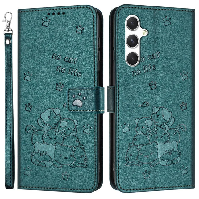 For Samsung Galaxy S23 FE Case with Strap Cats Imprint Leather Wallet Phone Cover - Blackish Green