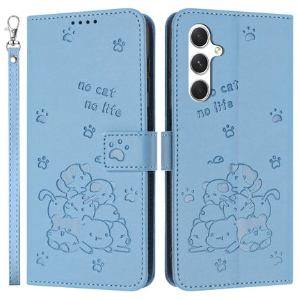 For Samsung Galaxy S23 FE Case with Strap Cats Imprint Leather Wallet Phone Cover - Blue