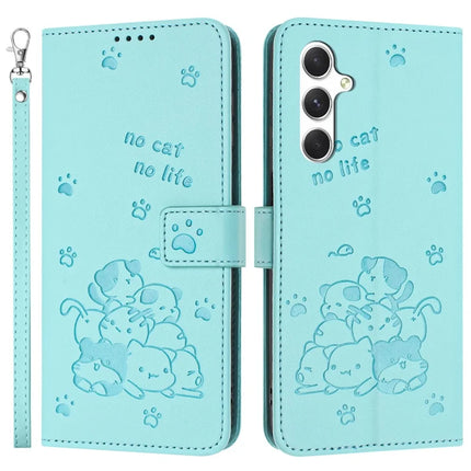 For Samsung Galaxy S23 FE Case with Strap Cats Imprint Leather Wallet Phone Cover - Green