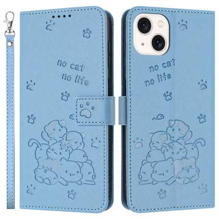 For iPhone 14 / 13 Case with Strap Cats Imprint Leather Wallet Phone Cover - Blue