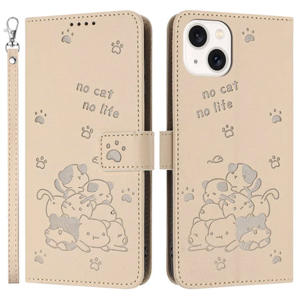 For iPhone 14 / 13 Case with Strap Cats Imprint Leather Wallet Phone Cover - Beige