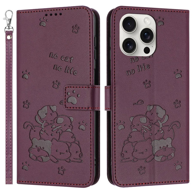 For iPhone 15 Pro Max Case with Strap Cats Imprint Leather Wallet Phone Cover - Wine Red