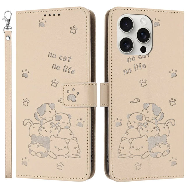 For iPhone 16 Pro Case with Strap Cats Imprint Leather Wallet Phone Cover - Beige