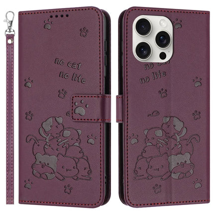 For iPhone 16 Pro Case with Strap Cats Imprint Leather Wallet Phone Cover - Wine Red