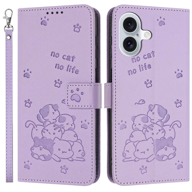 For iPhone 16 Plus Case with Strap Cats Imprint Leather Wallet Phone Cover - Purple