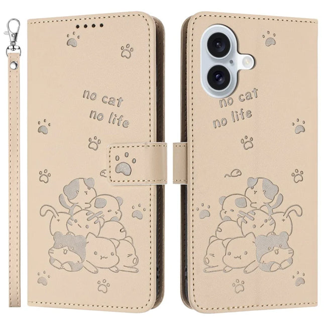 For iPhone 16 Plus Case with Strap Cats Imprint Leather Wallet Phone Cover - Beige