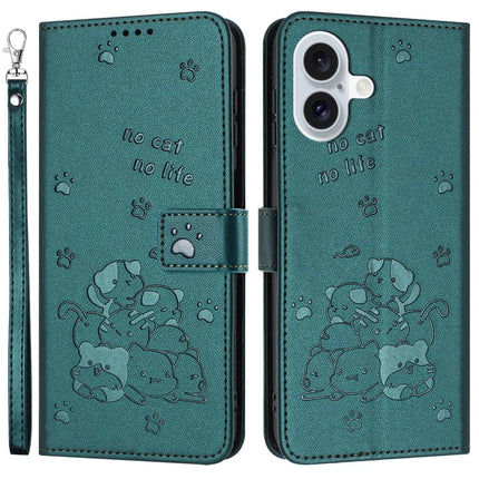 For iPhone 16 Plus Case with Strap Cats Imprint Leather Wallet Phone Cover - Blackish Green