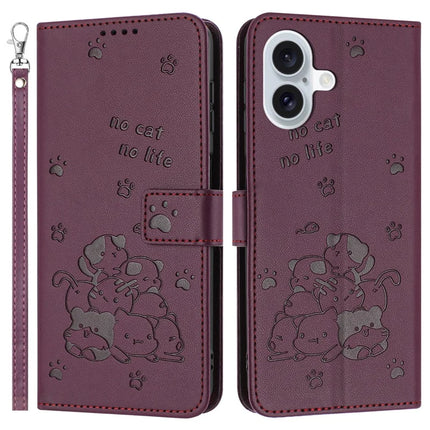 For iPhone 16 Plus Case with Strap Cats Imprint Leather Wallet Phone Cover - Wine Red