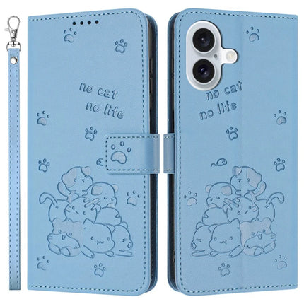For iPhone 16 Case with Strap Cats Imprint Leather Wallet Phone Cover - Blue