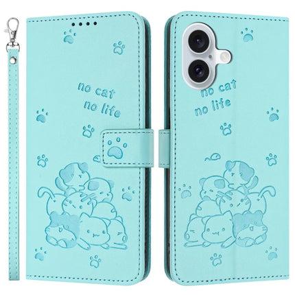 For iPhone 16 Case with Strap Cats Imprint Leather Wallet Phone Cover - Green