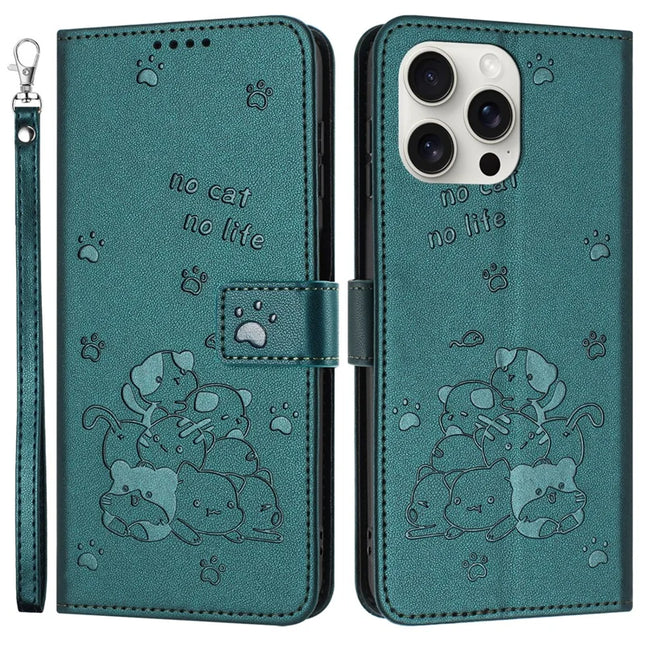 For iPhone 16 Pro Max Case with Strap Cats Imprint Leather Wallet Phone Cover - Blackish Green