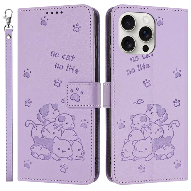 For iPhone 16 Pro Max Case with Strap Cats Imprint Leather Wallet Phone Cover - Purple