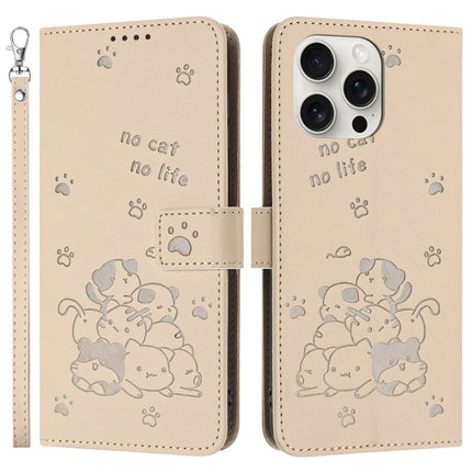 For iPhone 16 Pro Max Case with Strap Cats Imprint Leather Wallet Phone Cover - Beige