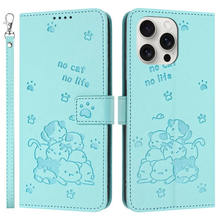 For iPhone 16 Pro Max Case with Strap Cats Imprint Leather Wallet Phone Cover - Green