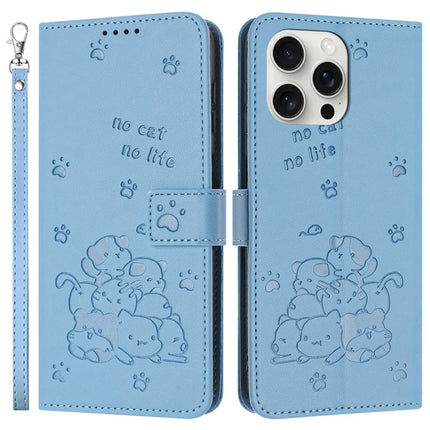 For iPhone 16 Pro Max Case with Strap Cats Imprint Leather Wallet Phone Cover - Blue