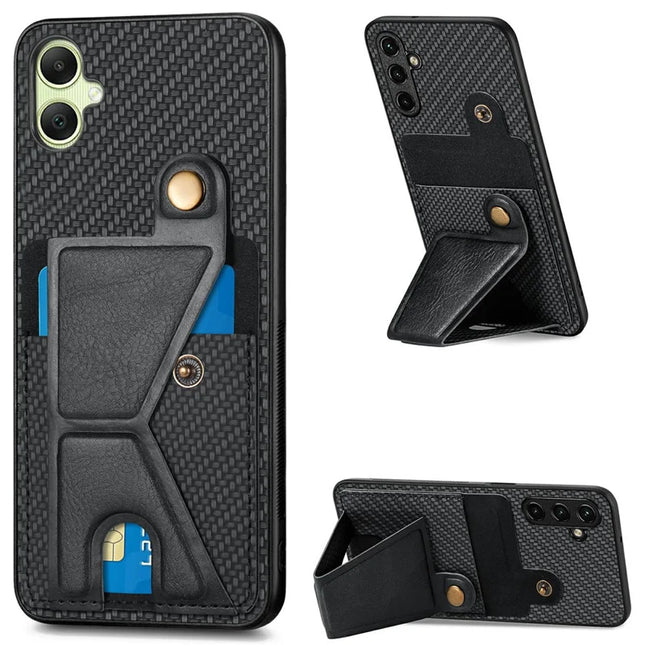 For Samsung Galaxy A06 Case K-Shaped Kickstand Leather+PC+TPU Phone Cover - Black