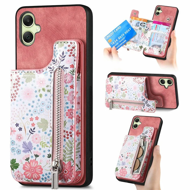 D10 For Samsung Galaxy A06 Case Pattern Kickstand Wallet Leather+TPU Phone Cover RFID Blocking - Pink