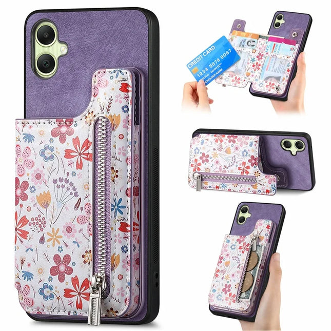 D10 For Samsung Galaxy A06 Case Pattern Kickstand Wallet Leather+TPU Phone Cover RFID Blocking - Purple