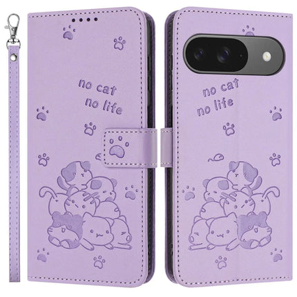 For Google Pixel 9 Pro / Pixel 9 Case with Strap Cats Imprint Leather Wallet Phone Cover - Purple