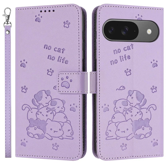 For Google Pixel 9 Pro / Pixel 9 Case with Strap Cats Imprint Leather Wallet Phone Cover - Purple