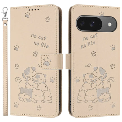 For Google Pixel 9 Pro / Pixel 9 Case with Strap Cats Imprint Leather Wallet Phone Cover - Beige