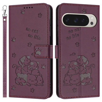 For Google Pixel 9 Pro XL Case with Strap Cats Imprint Leather Wallet Phone Cover - Wine Red