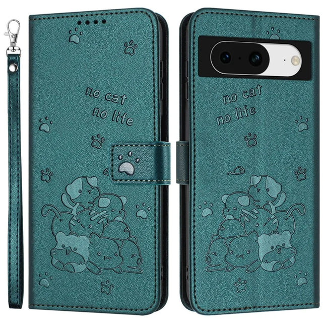 For Google Pixel 8a Case with Strap Cats Imprint Leather Wallet Phone Cover - Blackish Green