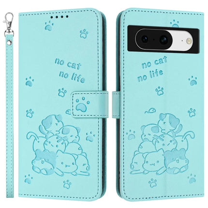 For Google Pixel 8a Case with Strap Cats Imprint Leather Wallet Phone Cover - Green