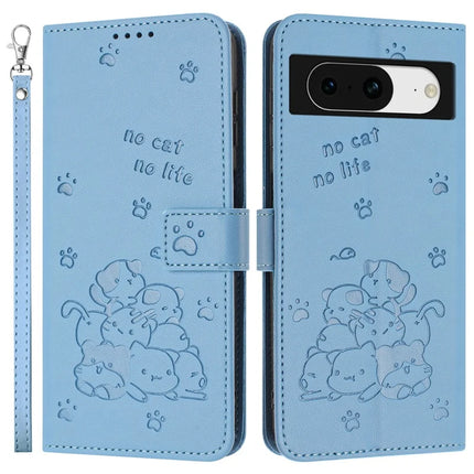 For Google Pixel 8a Case with Strap Cats Imprint Leather Wallet Phone Cover - Blue