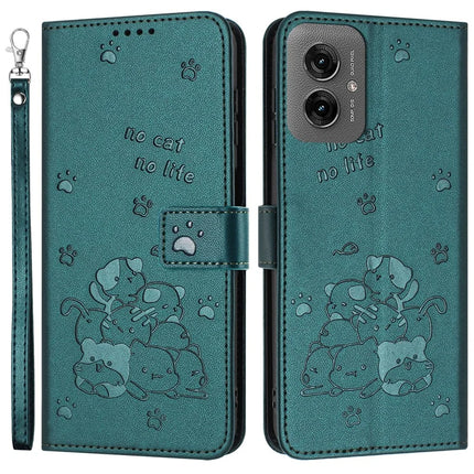 For Motorola Moto G55 5G Case with Strap Cats Imprint Leather Wallet Phone Cover - Blackish Green