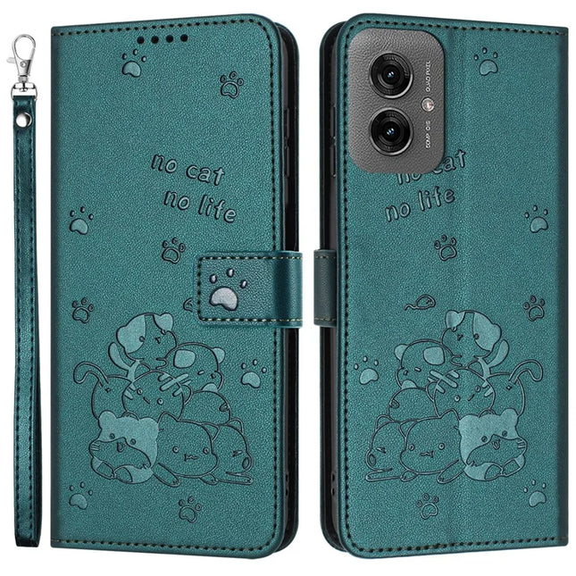 For Motorola Moto G55 5G Case with Strap Cats Imprint Leather Wallet Phone Cover - Blackish Green
