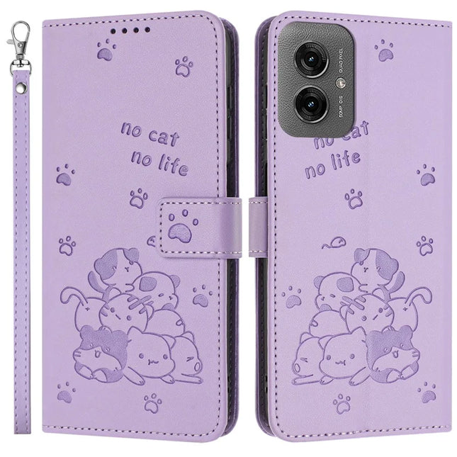 For Motorola Moto G55 5G Case with Strap Cats Imprint Leather Wallet Phone Cover - Purple