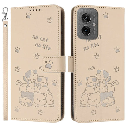 For Motorola Moto G55 5G Case with Strap Cats Imprint Leather Wallet Phone Cover - Beige