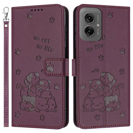For Motorola Moto G55 5G Case with Strap Cats Imprint Leather Wallet Phone Cover - Wine Red